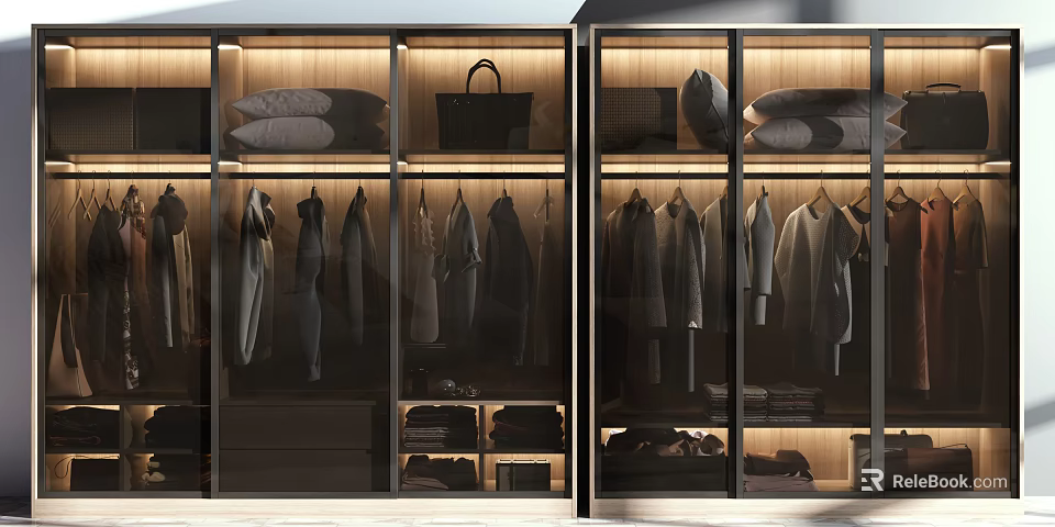 Modern Wardrobe Interior with Glass Doors Open Design Hanging Sections Drawers and Storage Lighting 3d model 
