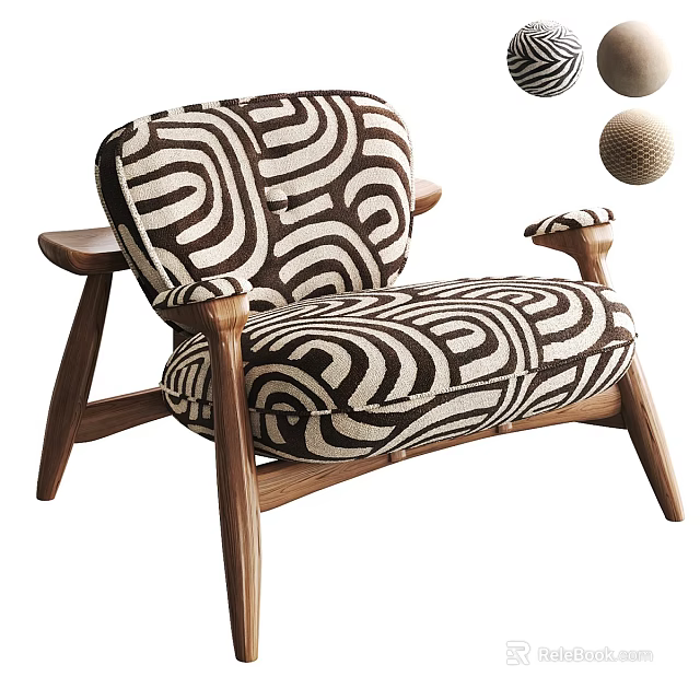 Modern Single Sofa With Black And White Swirl Pattern Fabric And Wooden Legs And Arms 3d model 