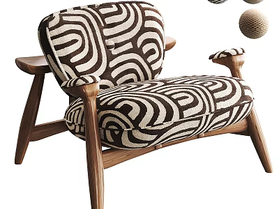 Modern Single Sofa With Black And White Swirl Pattern Fabric And Wooden Legs And Arms 3d model