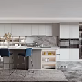Modern Kitchen With White Cabinets Island Blue Bar Stools And Marble Backsplash 3d model