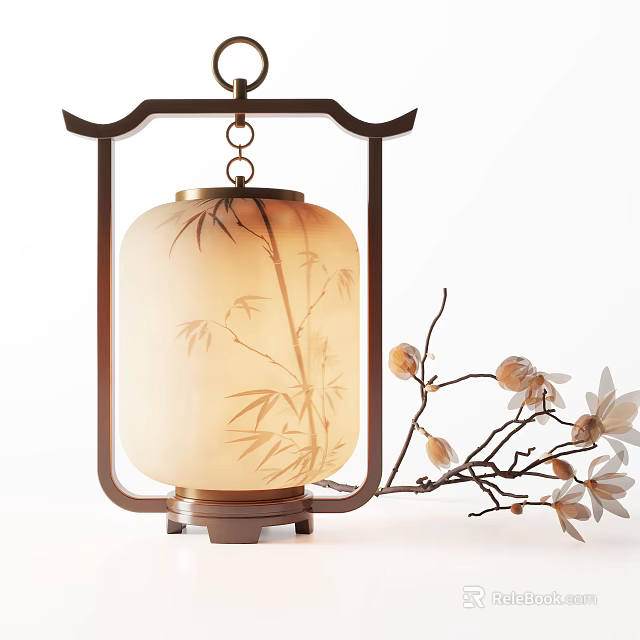 Elegant Lantern Shaped Table Lamp with Bamboo Pattern and Magnolia Branch Decor 3d model