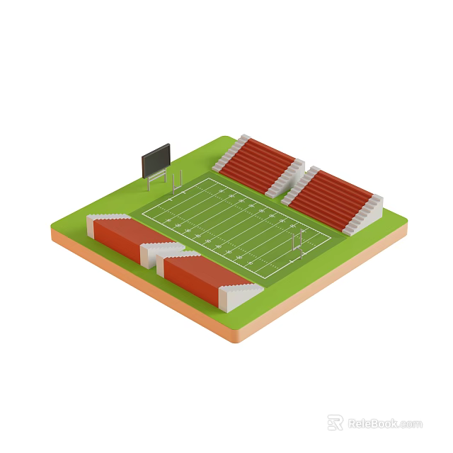 3D American Football Stadium Model With Green Turf Red Bleachers White Lines and Scoreboard 3d model 
