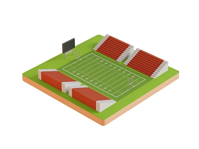 3D American Football Stadium Model With Green Turf Red Bleachers White Lines and Scoreboard 3d model