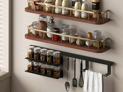 Wall Mounted Spice Jars Storage Racks In Modern Kitchen With Kitchen Utensils And Towel 3d model