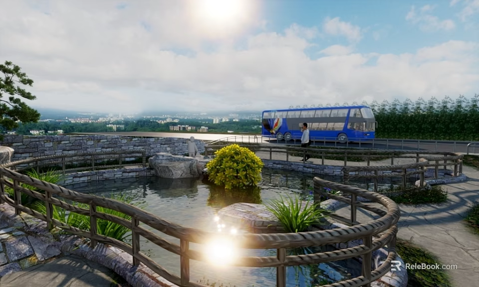 Tranquil Garden Landscape with Pond Stones Green Plants and Wooden Fence in Sunlight 3d model 