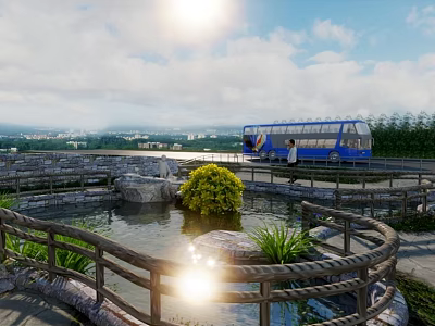 Tranquil Garden Landscape with Pond Stones Green Plants and Wooden Fence in Sunlight 3d model