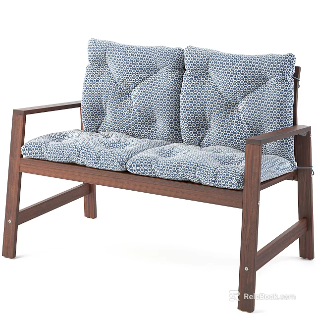 Two Seat Leisure Chair With Wooden Frame And Blue White Patterned Cushions 3d model 