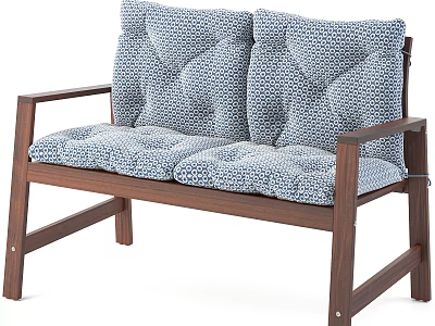 Two Seat Leisure Chair With Wooden Frame And Blue White Patterned Cushions 3d model