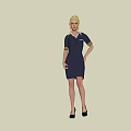 Woman In Professional Dark Blue Uniform Dress With White Collar And Yellow Trim Standing