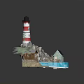 Cartoon Scene With Lighthouse Small Houses Palm Tree Rocks And Water Area