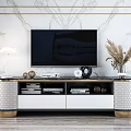 Modern Luxury TV Stand With Glass Top Gold Accents And Decorative Items In Living Room