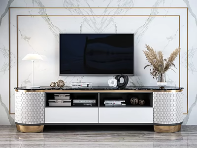 Modern Luxury TV Stand With Glass Top Gold Accents And Decorative Items In Living Room 3d model