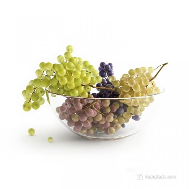 Fresh Ripe Grapes In Clear Glass Bowl Featuring Green Purple And Yellow Varieties 3d model 