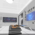 Modern Tech Exhibition Hall With Large Screens Data Visualization And White Interior Design 3d model