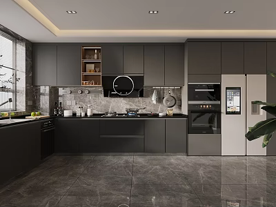 Modern Kitchen Interior With Dark Gray Cabinets Built-in Appliances And Quartz Countertops 3d model