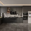 Modern Kitchen Interior With Dark Gray Cabinets Built-in Appliances And Quartz Countertops