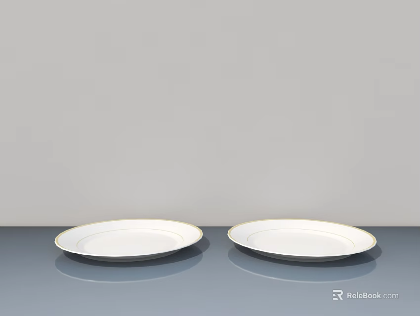 Dining Table With Gold Rimmed White Plates On Gray Surface 3d model