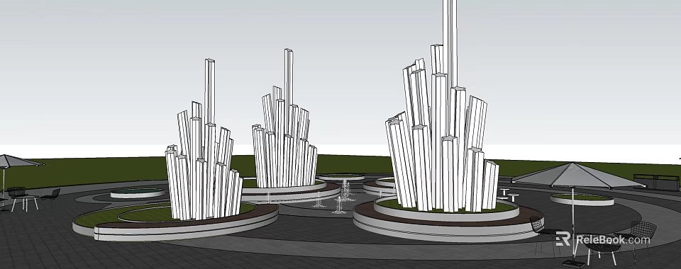 Garden Landscape Featuring Tall Slender Column Structures On Circular Bases And Green Areas 3d model 
