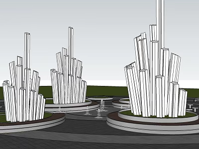 Garden Landscape Featuring Tall Slender Column Structures On Circular Bases And Green Areas 3d model