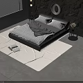 Modern Double Bed With Striped Bedding Gray Tones Circular Wall Decor Nightstands Rug And Window Light