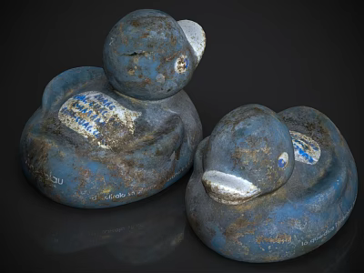 Two Worn Blue Rubber Duck Sculptures With White Label And Textured Details 3d model