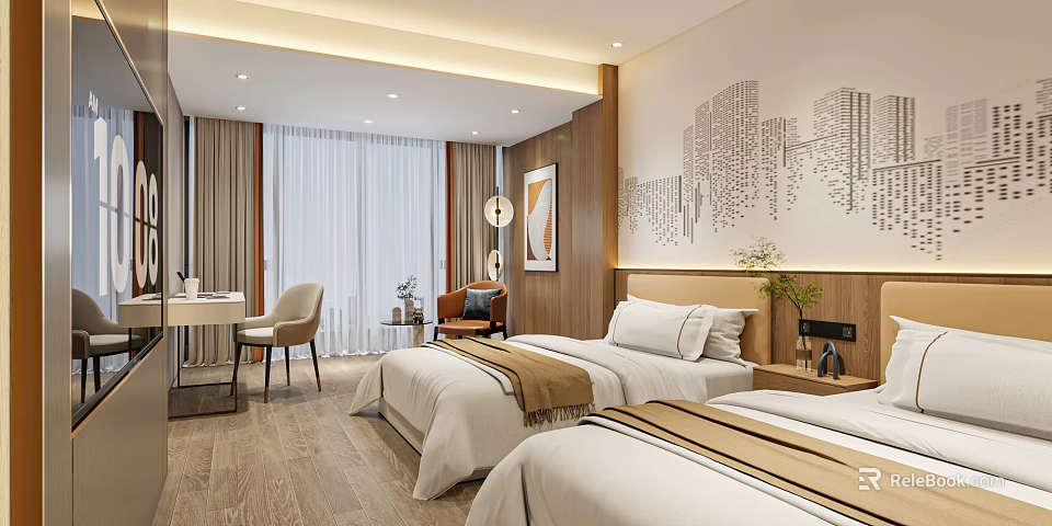 Modern Hotel Guest Room With Two Double Beds Wooden Flooring And City Skyline Wall Decor 3d model 