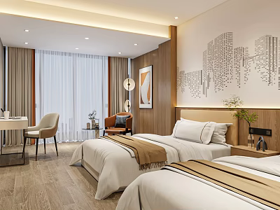 Modern Hotel Guest Room With Two Double Beds Wooden Flooring And City Skyline Wall Decor 3d model