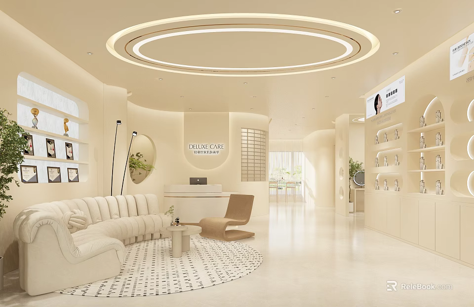 Modern Minimalist Cream Tone Beauty Salon Interior With Comfortable Reception Lounge And Product 3d model 