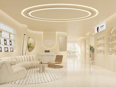 Modern Minimalist Cream Tone Beauty Salon Interior With Comfortable Reception Lounge And Product 3d model