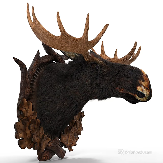 Realistic Moose Head Wall Decor With Ornate Antlers And Decorative Leaves 3d model 