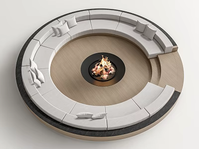 Modern Round Multi Person Sectional Sofa With Central Fire Pit And White Cushions 3d model