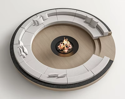 Modern Round Multi Person Sectional Sofa With Central Fire Pit And White Cushions 3d model