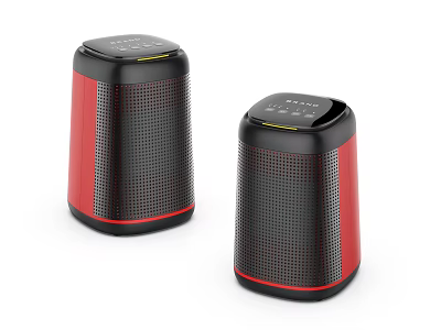 Two Red And Black Portable Bluetooth Speakers With Cylindrical Mesh Grille And Top Controls 3d model