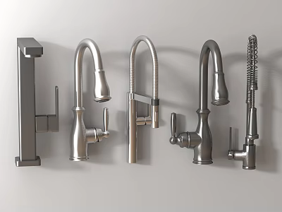Various Modern Faucets With Different Designs Arranged In A Row On Gray Wall 3d model