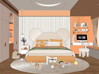 Kids Room With Mickey Mouse Ear Shaped Bed Orange White Decor Toys Rug And Bookshelf 3d model
