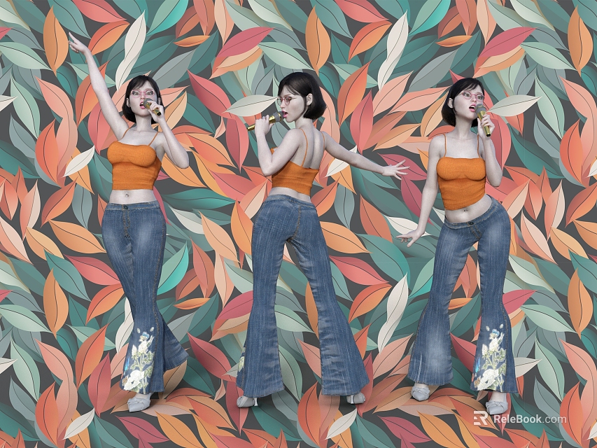 Three Women in Orange Tops and Blue Flared Jeans Posing Against Colorful Leaf Pattern Backdrop 3d model 