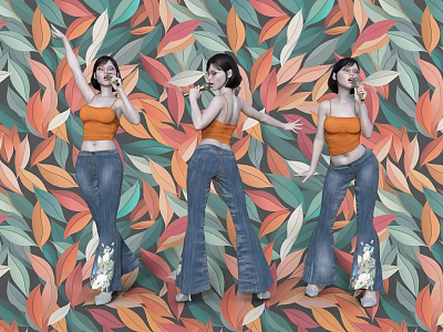 Three Women in Orange Tops and Blue Flared Jeans Posing Against Colorful Leaf Pattern Backdrop 3d model