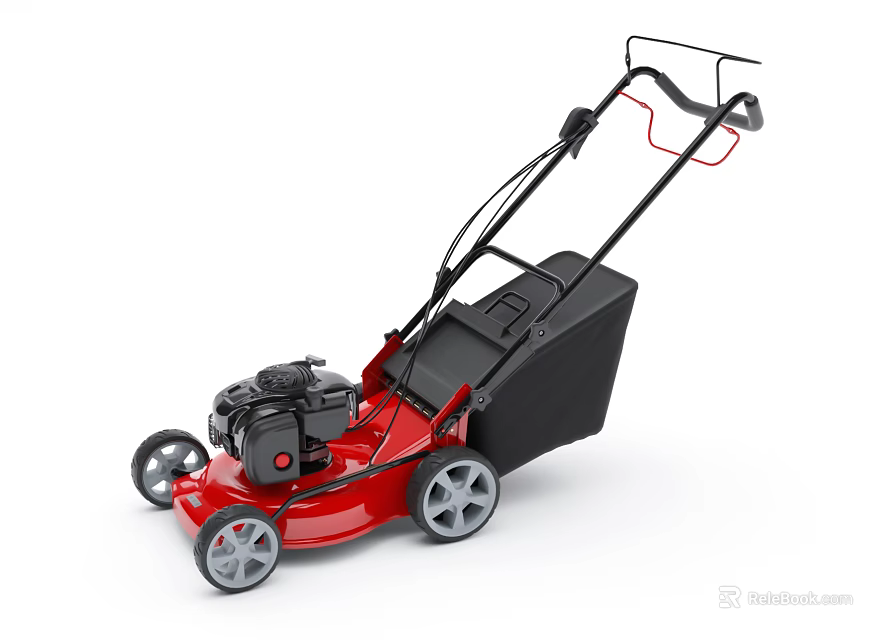 Agricultural Equipment Red Lawn Mower With Black Grass Collector Gray Wheels And Engine 3d model 
