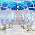 Religious Church Interior With Blue Starry Dome Arched Windows White Benches And Flower Aisle