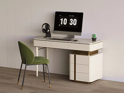 Modern White Desk with Drawers Green Chair Computer Monitor Headphones and Small Cactus 3d model