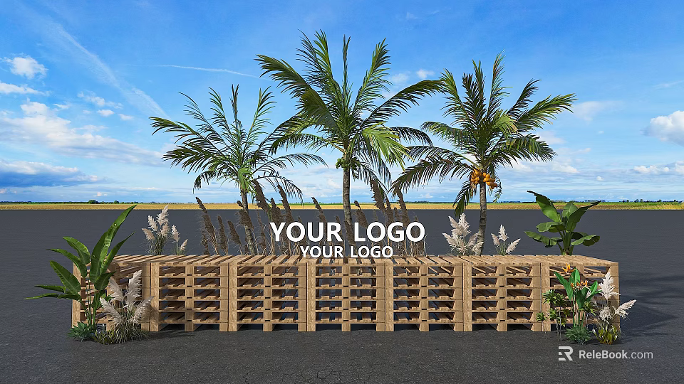Outdoor Floral Display with Palm Trees Wooden Pallets Fence and Decorative Plants under Blue Sky 3d model 