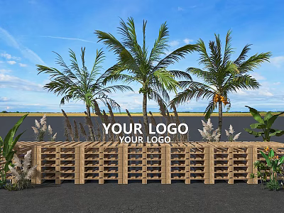 Outdoor Floral Display with Palm Trees Wooden Pallets Fence and Decorative Plants under Blue Sky 3d model