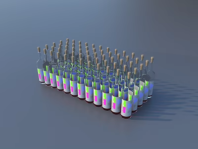 Wine Bottles With Cork Stoppers Colorful Labels And Glasses Neatly Arranged 3d model