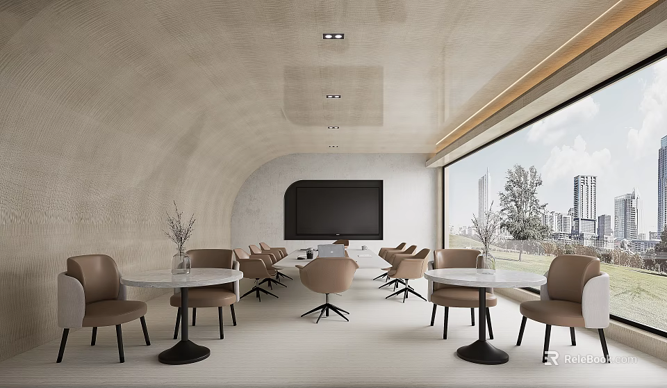 Modern Conference Room Interior With Curved Walls Large Screen Tables Chairs And City View 3d model 