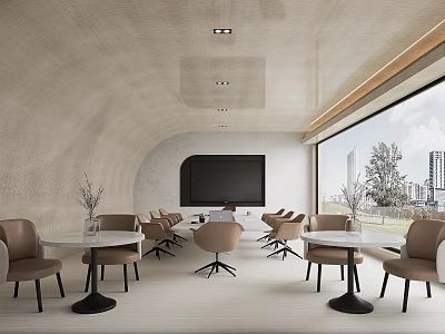 Modern Conference Room Interior With Curved Walls Large Screen Tables Chairs And City View 3d model