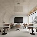 Modern Conference Room Interior With Curved Walls Large Screen Tables Chairs And City View