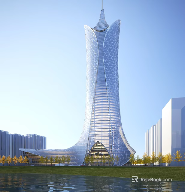 Modern Office Skyscraper With Unique Curved Glass Curtain Wall And Surrounding Trees 3d model 