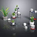 Indoor Potted Plants On Tiered Shelves With White Grid Planters And Black Stands