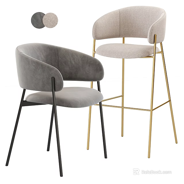 Modern Gray And Beige Velvet Bar Stools With Black And Gold Legs Design 3d model 