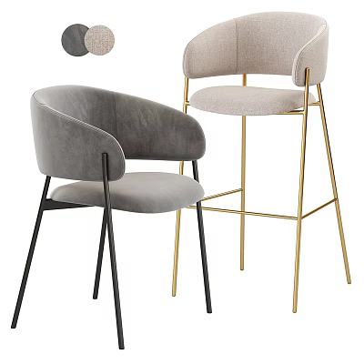 Modern Gray And Beige Velvet Bar Stools With Black And Gold Legs Design 3d model